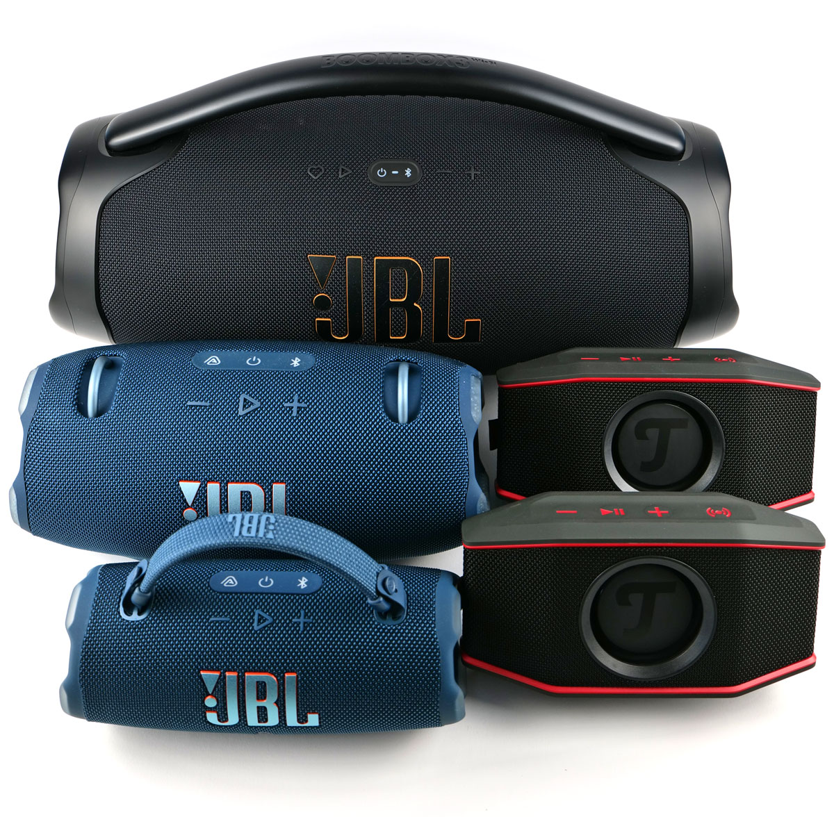 Bluetooth Lautsprecher, JBL Charge 6, Xtreme 4, Boombox 3 Wi-Fi und 2x Teufel Rockster GO 2