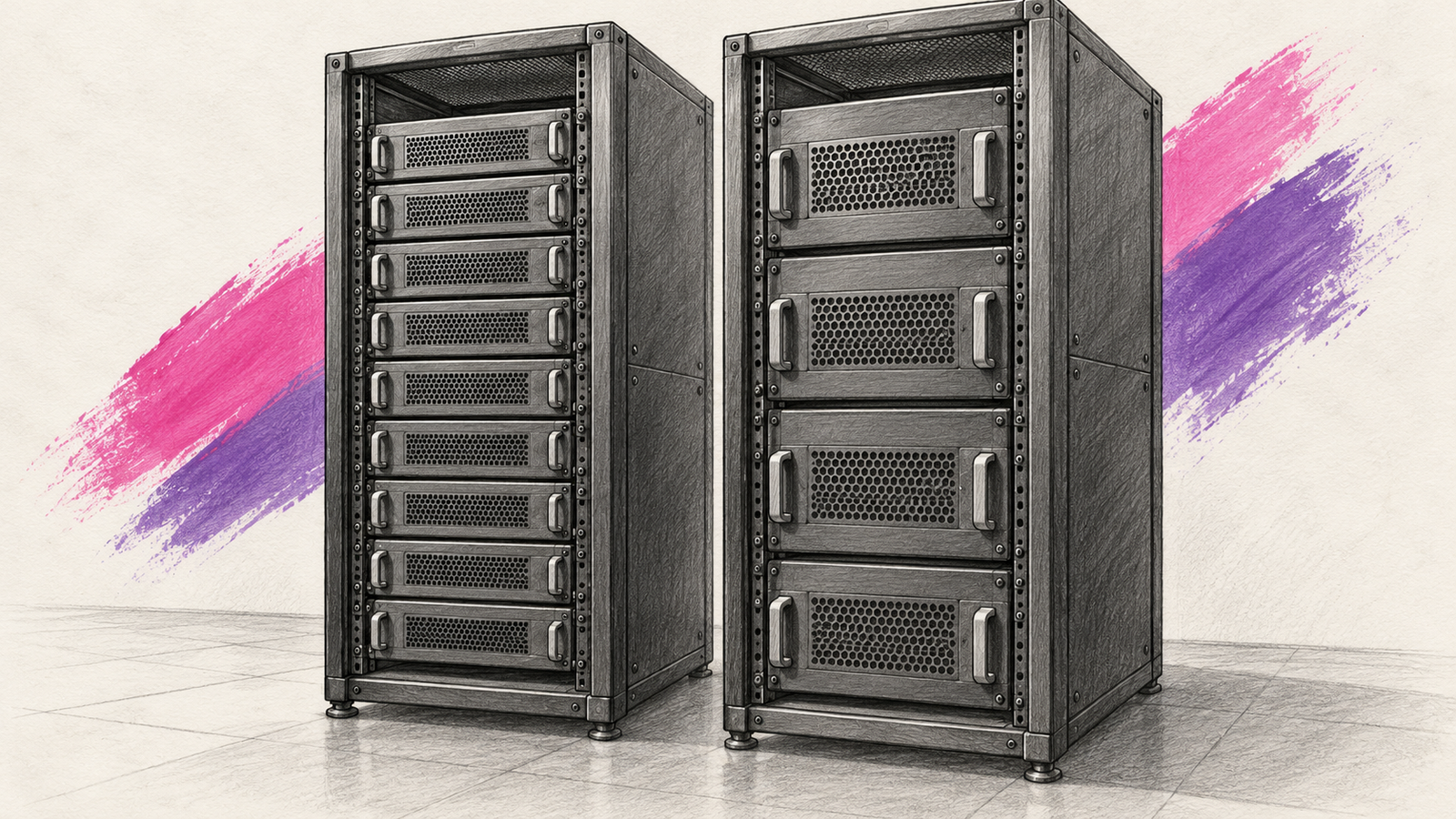 Detailreiche technische Graphitskizze zweier generischer Server-Racks mit geschlossenen Einschüben und sparsamen violetten Akzenten