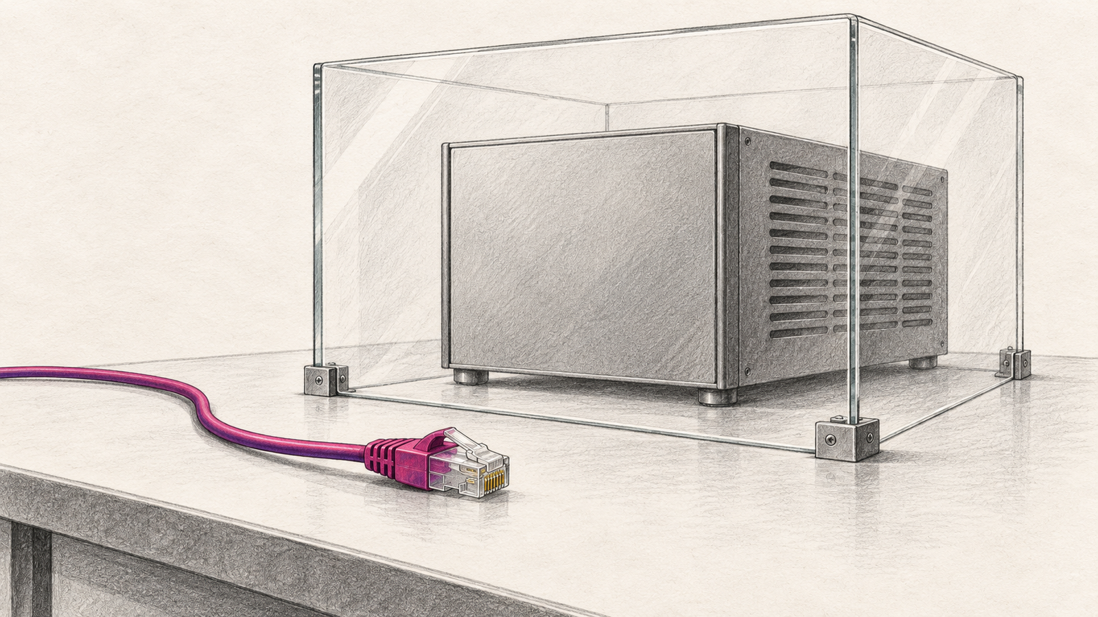 Symbolische Graphitskizze eines abgeschirmten Rechners mit abgezogenem Netzwerkkabel