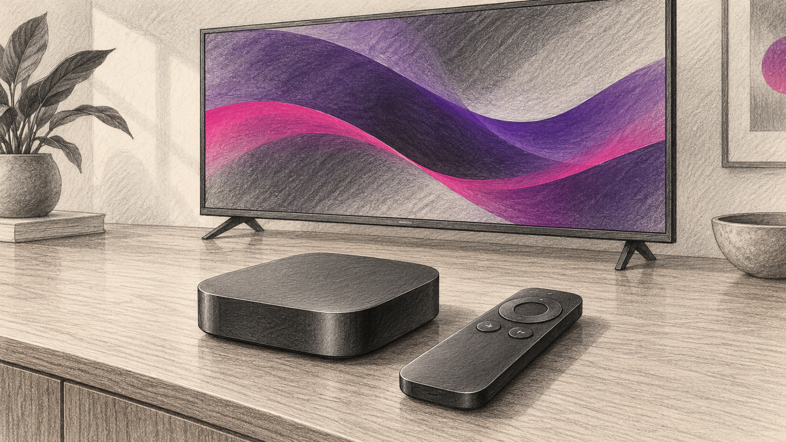 Graphitillustration einer generischen Streaming-Box mit Fernbedienung vor einem Fernseher mit abstrakten Farbwellen