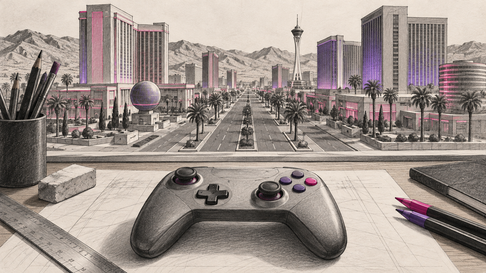 Graphitskizze einer fiktiven Spielstadt mit Casino-Gebäuden und einem generischen Controller