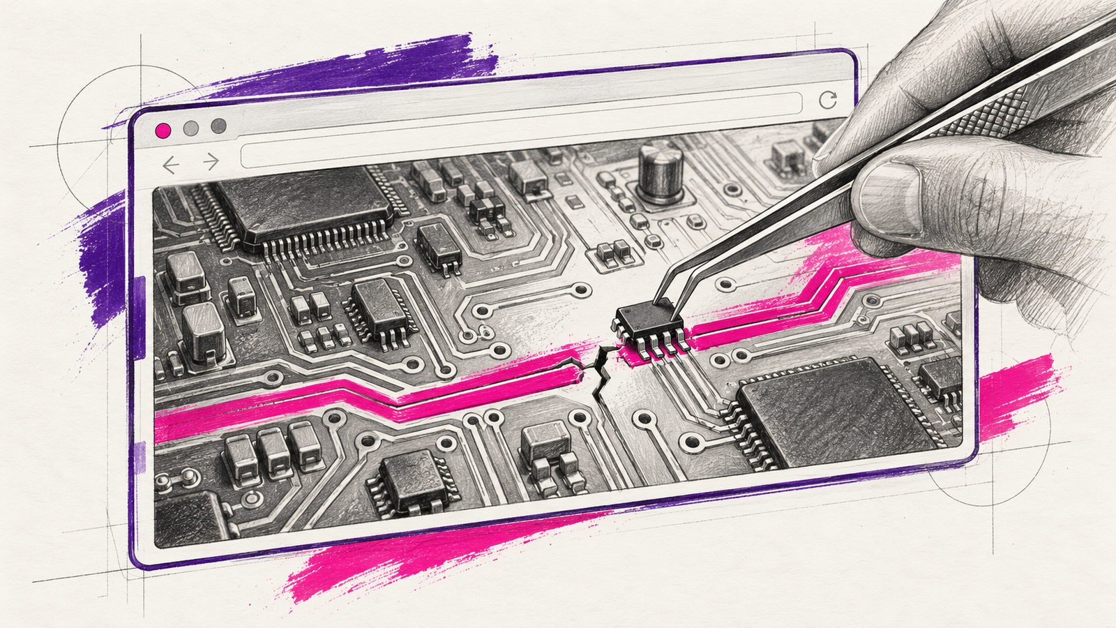 Technische Illustration: Reparatur eines Schaltkreises im Browserrahmen