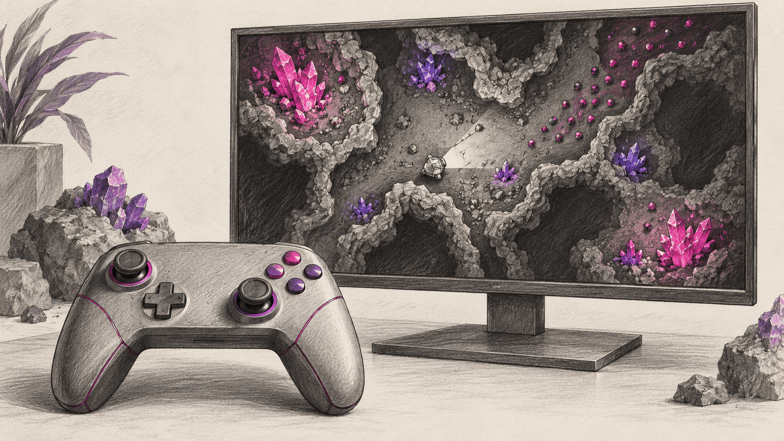 KI-Illustration: generischer Controller vor einem Monitor mit einer symbolischen Bergbau-Höhle