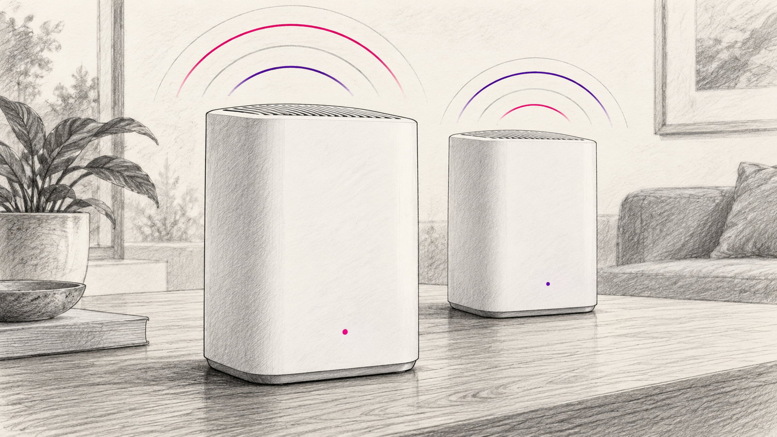 KI-Illustration: zwei generische Mesh-Router mit symbolischen magenta-violetten Funkbögen