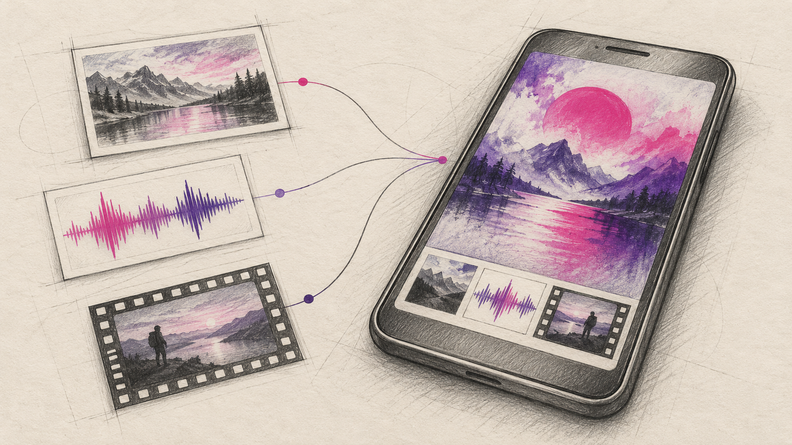 KI-Illustration: Smartphone mit zugeordneten Bild-, Ton- und Videomotiven als Symbol lokaler Mediensuche