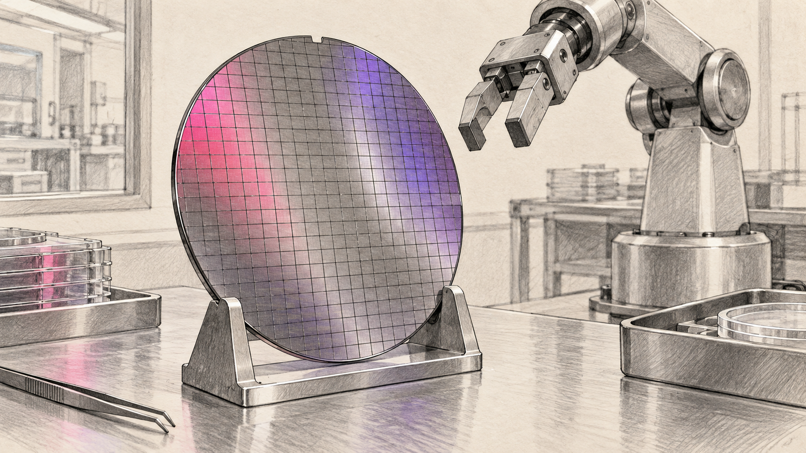 Graphitskizze eines Siliziumwafers auf einem Halter neben einem verbundenen Roboterarm
