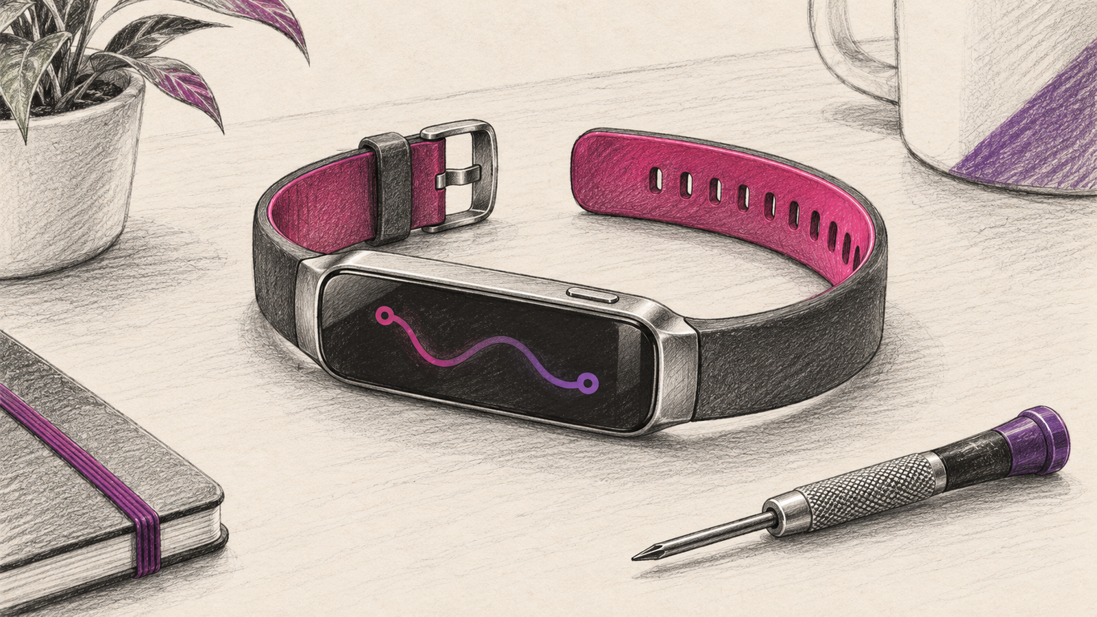 Graphitillustration eines generischen Fitnessarmbands mit Display und seitlicher Taste neben einem kleinen Schraubendreher