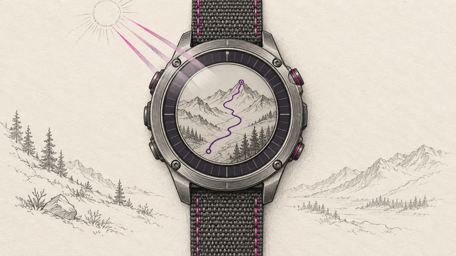 KI-Illustration: generische Outdoor-Uhr mit Solar-Ring, Textilarmband und symbolischer Bergroute