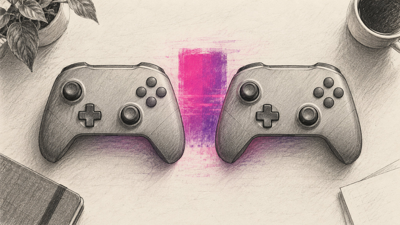 KI-Illustration: zwei plausible Gamecontroller als Symbol für gemeinsames Spielen
