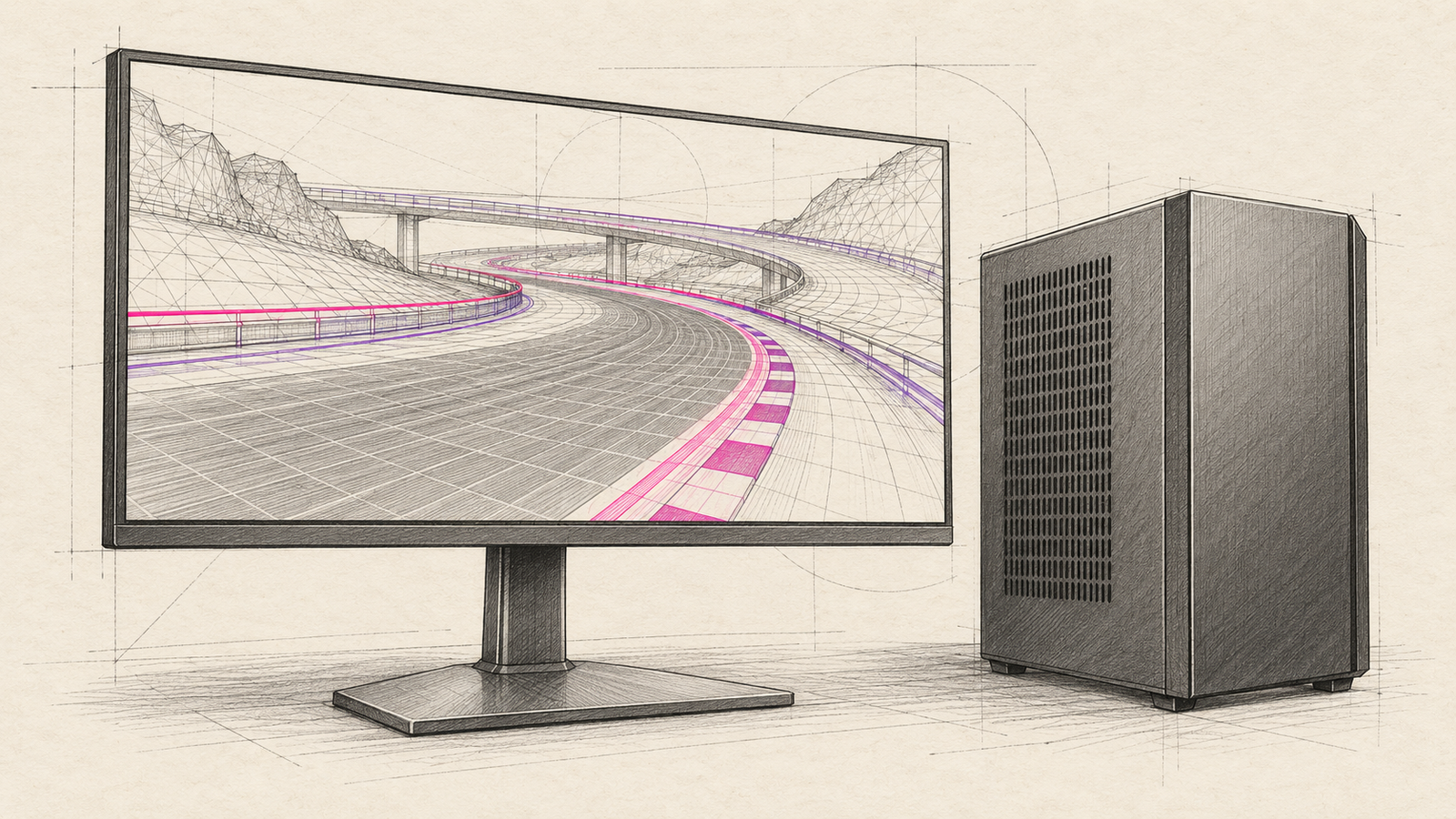 KI-Illustration: Gaming-Monitor mit symbolischer Rennstrecke neben einem geschlossenen PC