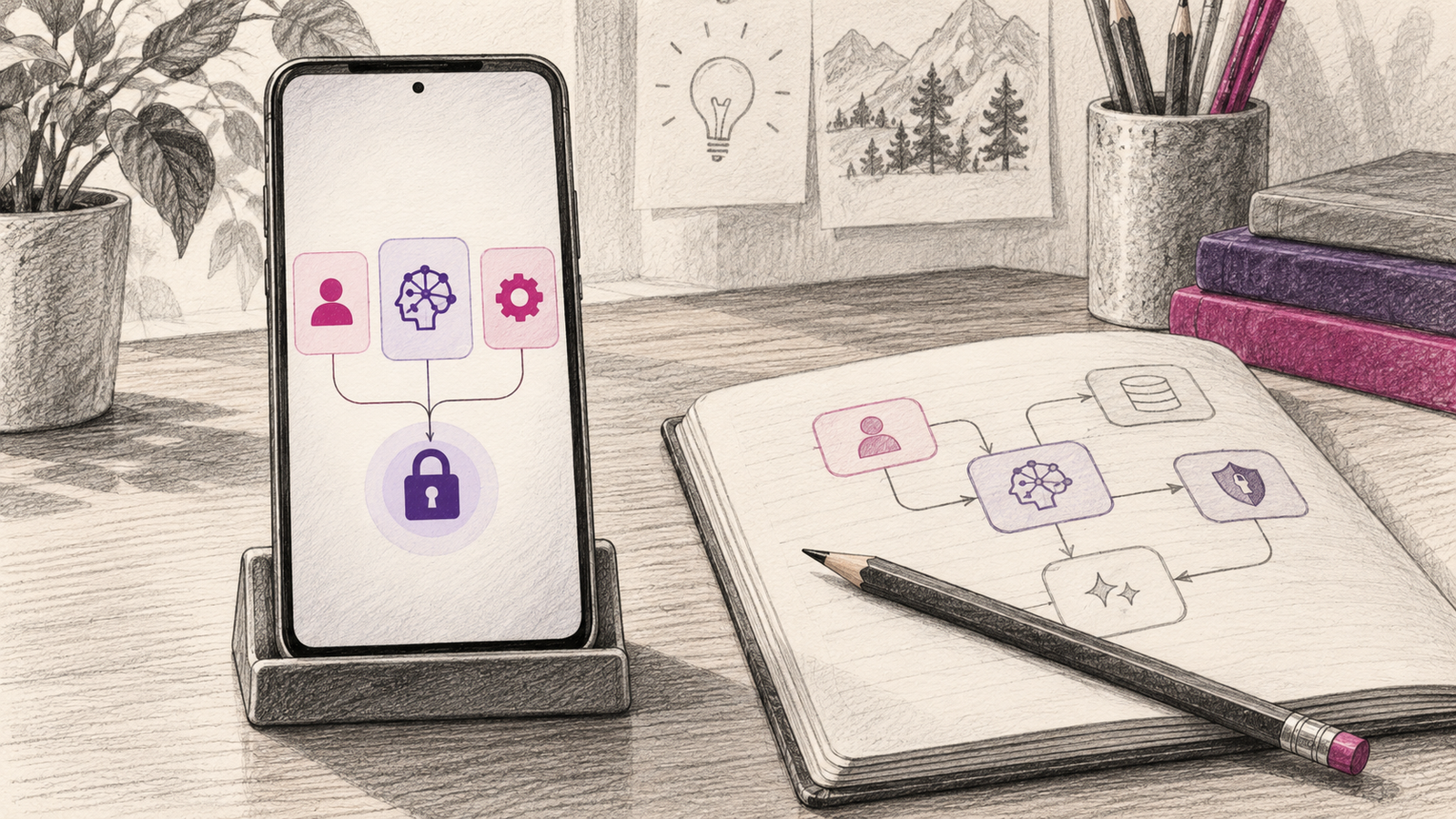 Graphitskizze eines Smartphones mit symbolischen App-Karten und Schloss neben einem Notizbuch mit Ablaufskizze