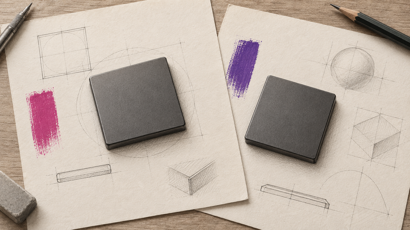 KI-Illustration: zwei neutrale Chipgehäuse neben technischen Dokumenten als Symbol für Patentaustausch