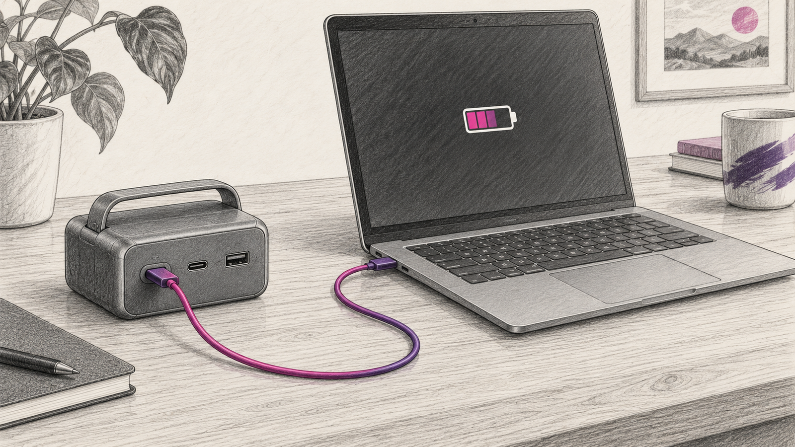 Graphitskizze einer kompakten generischen USB-Batterie, die über ein Kabel mit einem Notebook verbunden ist