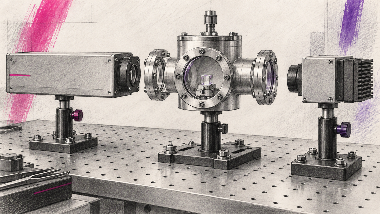 KI-Illustration: vereinfachter optischer Laboraufbau mit Laserquelle, Kristallkammer und Detektor