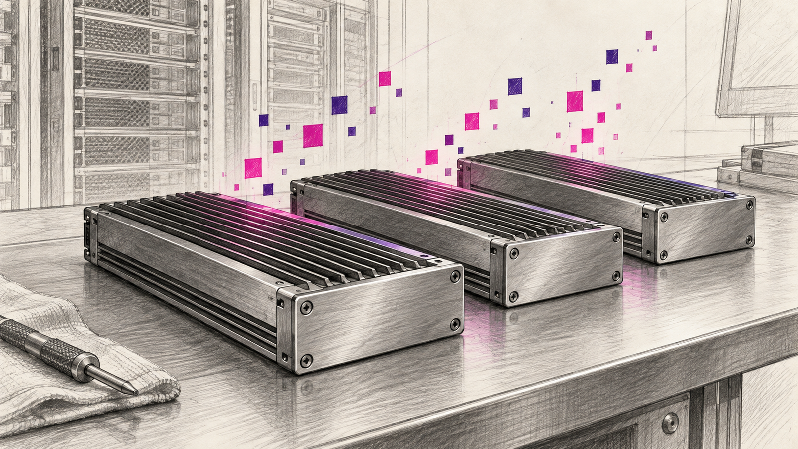 KI-Illustration: drei geschlossene Speichergehäuse mit Kühlrippen vor einem skizzierten Serverrack