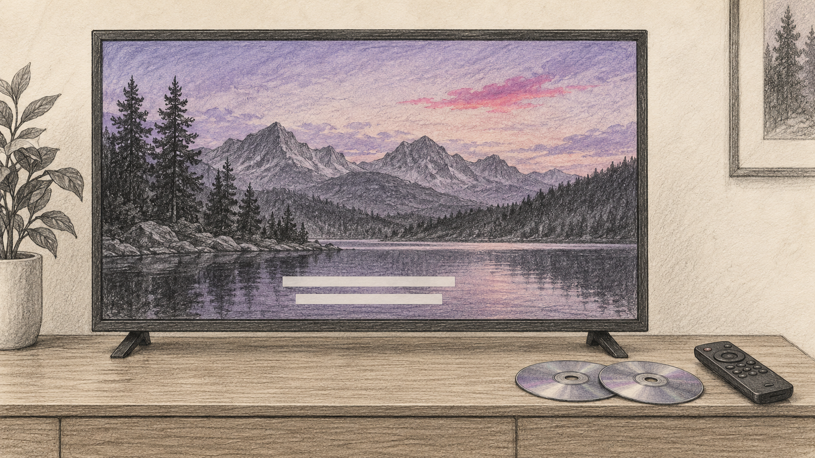 Graphitskizze eines Fernsehers mit symbolischen Untertiteln, optischen Discs und Fernbedienung