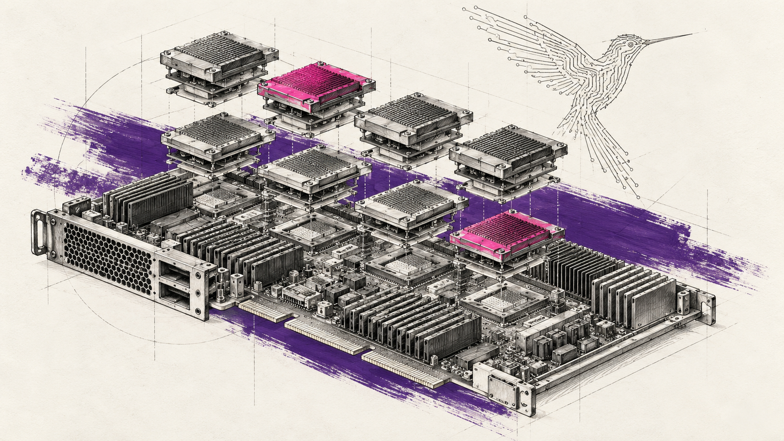 Technische Illustration: Rechenmodule und Kolibri aus Leiterbahnen