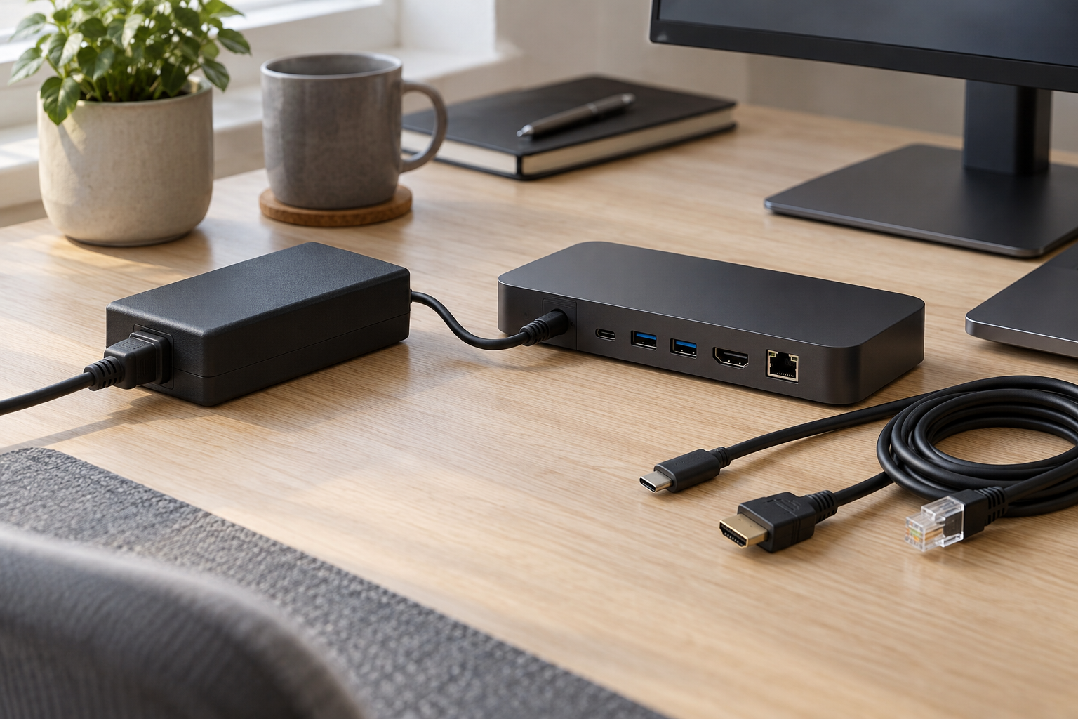 KI-Symbolfoto eines Dock-Netzteils mit Kabeln