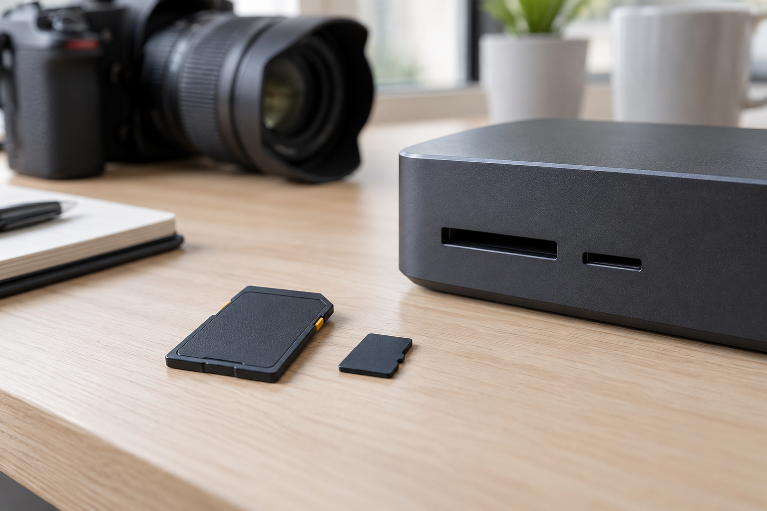 KI-Symbolfoto von SD- und microSD-Karten an einem Dock