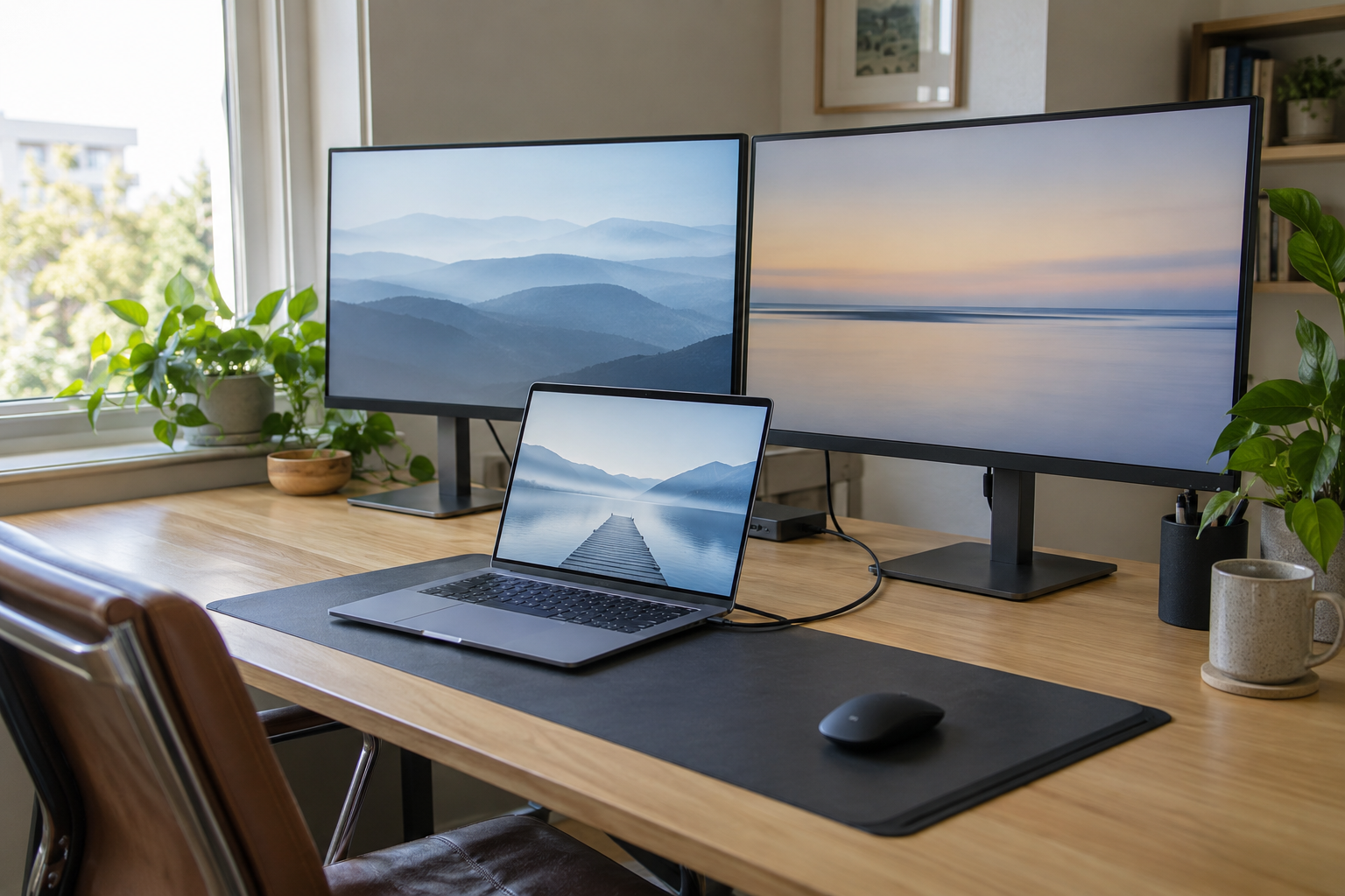 KI-Symbolfoto eines Arbeitsplatzes mit Notebook und zwei Monitoren