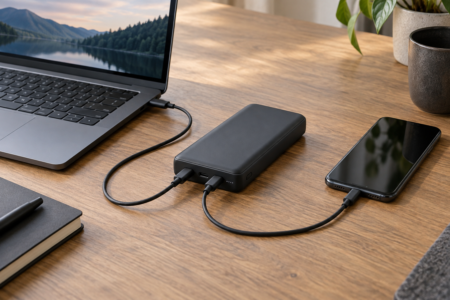 KI-generiertes Symbolfoto: Powerbank mit Notebook und Smartphone