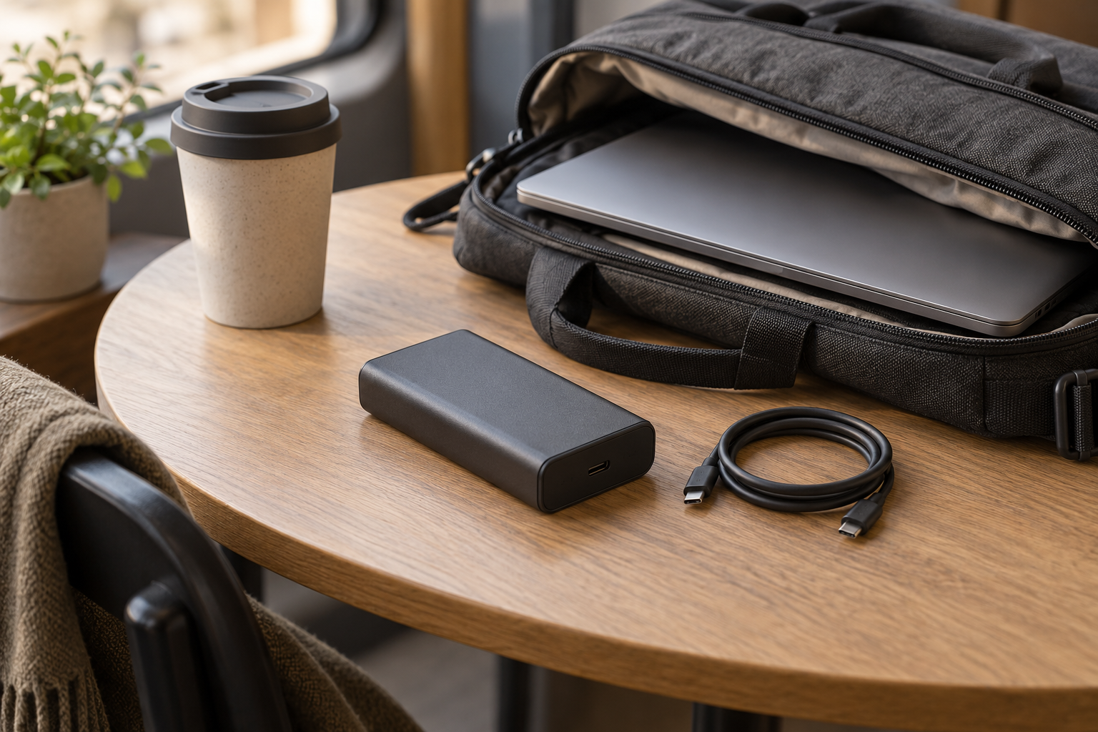 KI-generiertes Symbolfoto: Powerbank und USB-C-Kabel neben einer Notebooktasche