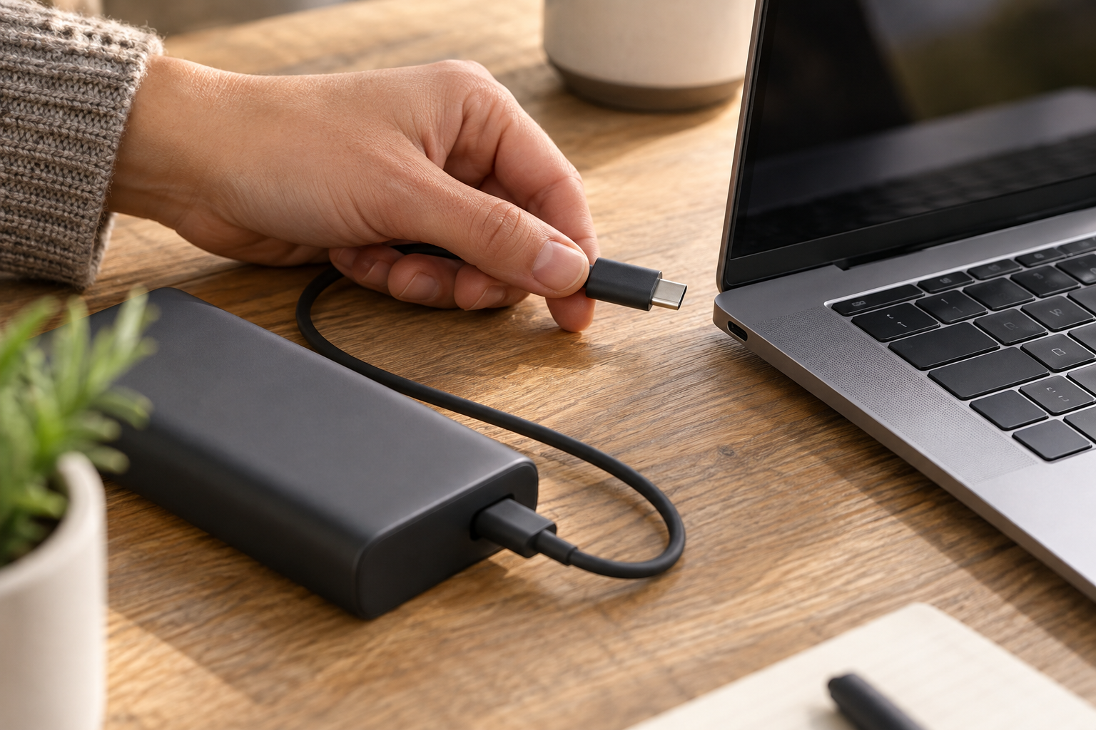 KI-generiertes Symbolfoto: USB-C-Stecker an einem Notebook