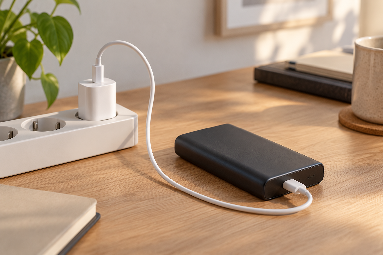 KI-generiertes Symbolfoto: Powerbank an einem USB-Netzteil