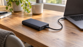 KI-generiertes Symbolfoto: Powerbank mit USB-C-Kabel am Notebook