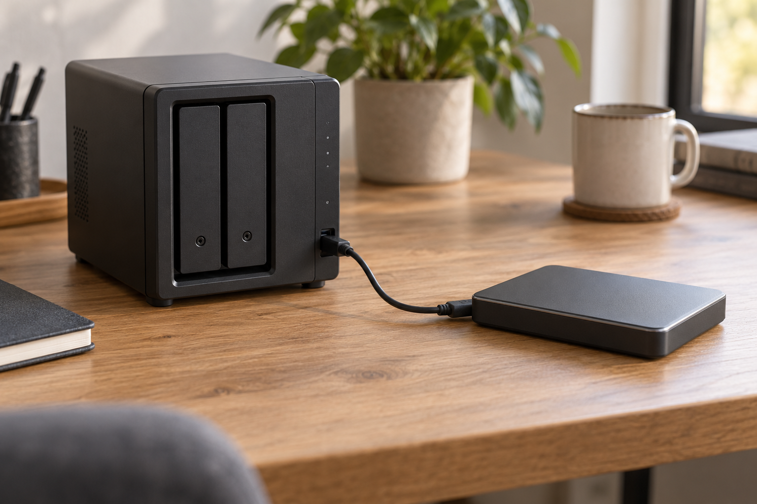 KI-generiertes Symbolfoto: NAS neben einem getrennten USB-Sicherungslaufwerk