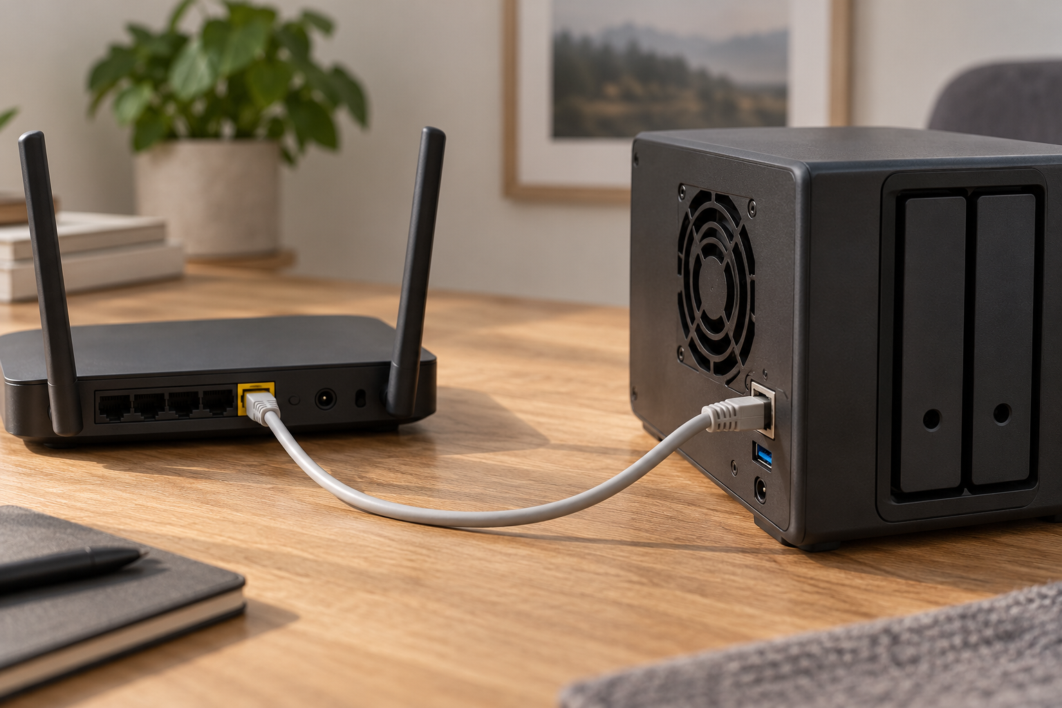 KI-generiertes Symbolfoto: generisches NAS und Router mit sichtbarem Netzwerkkabel