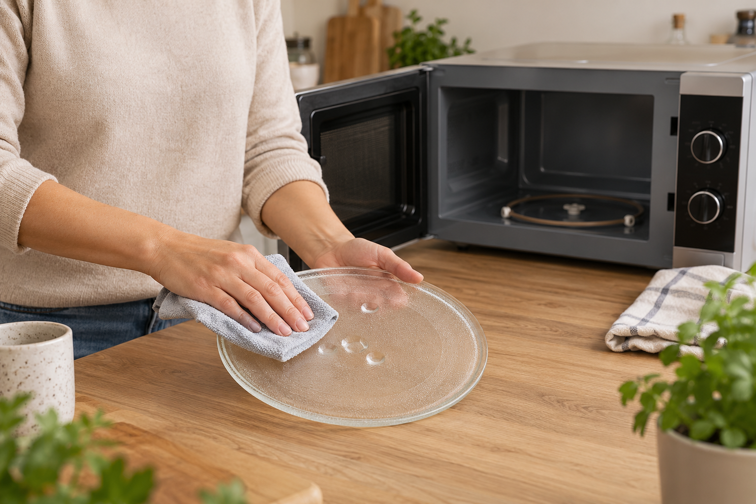 KI-generiertes Symbolfoto: Entnommener Glasdrehteller wird mit einem weichen Tuch gereinigt