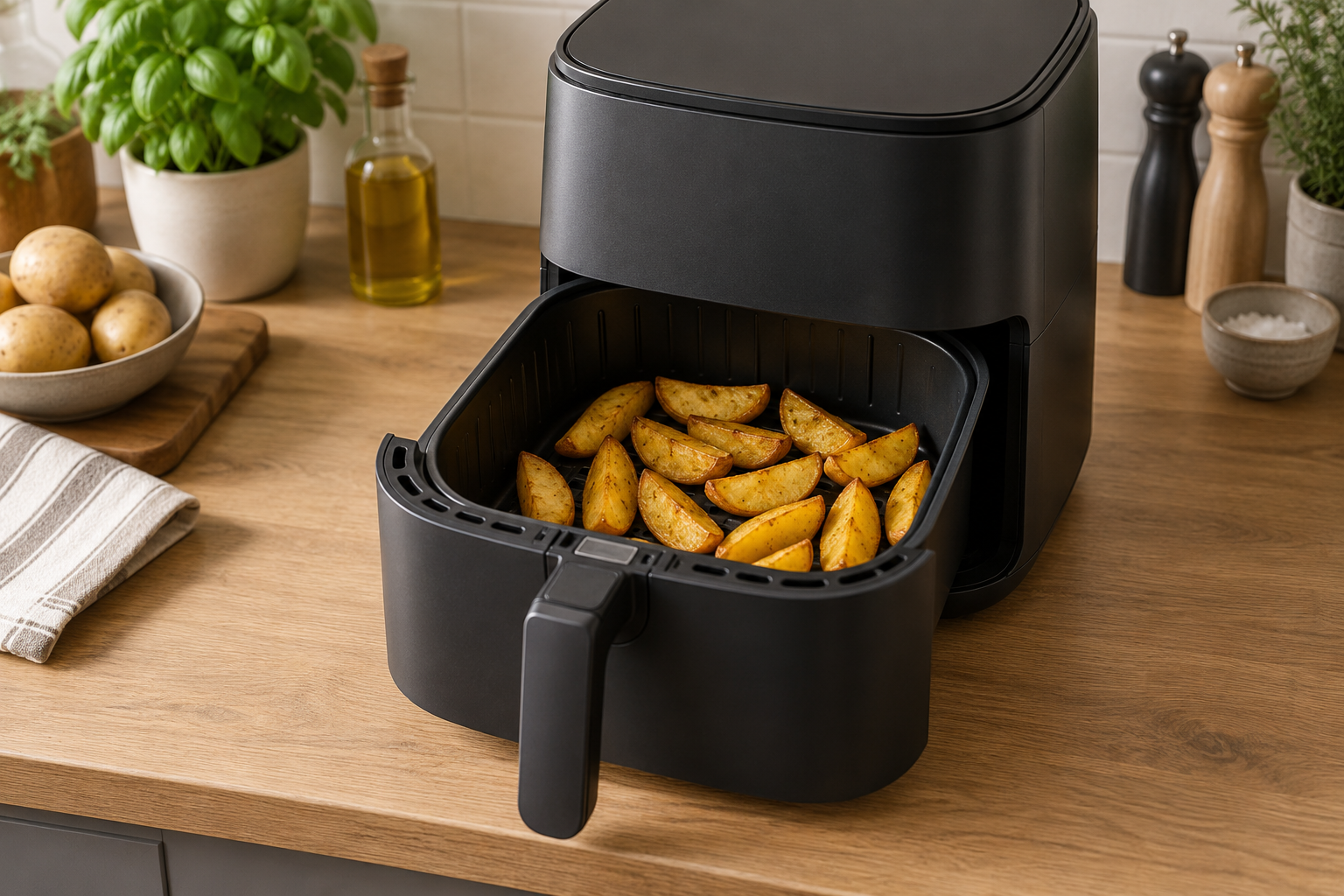 KI-generiertes Symbolfoto: Geöffneter Korb eines generischen Airfryers mit Kartoffelspalten