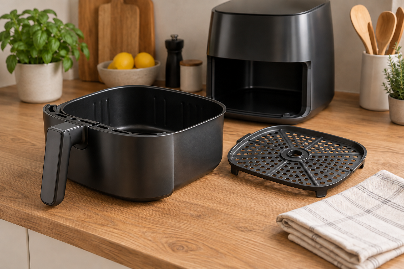KI-generiertes Symbolfoto: Entnommener abgekühlter Airfryer-Korb mit separater Einlegeplatte
