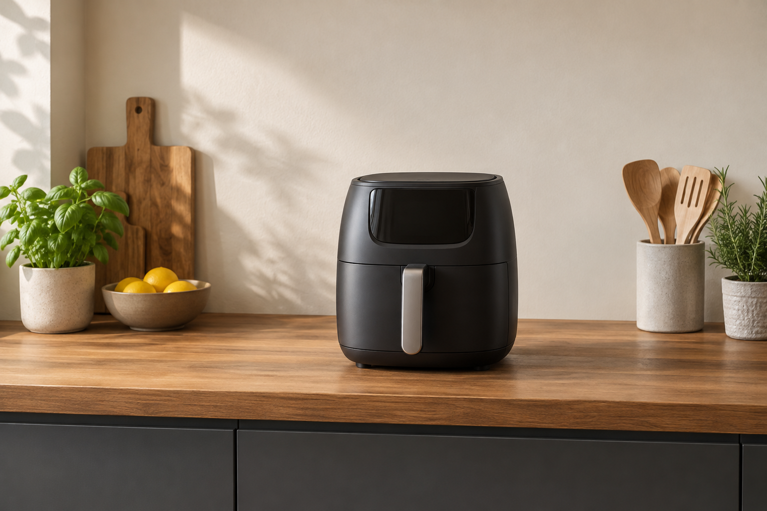 KI-generiertes Symbolfoto: Generischer Einzelkorb-Airfryer mit freier Umgebung auf einer Küchenarbeitsplatte