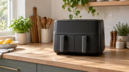 KI-generiertes Symbolfoto: Generischer Doppelkorb-Airfryer auf einer Küchenarbeitsplatte