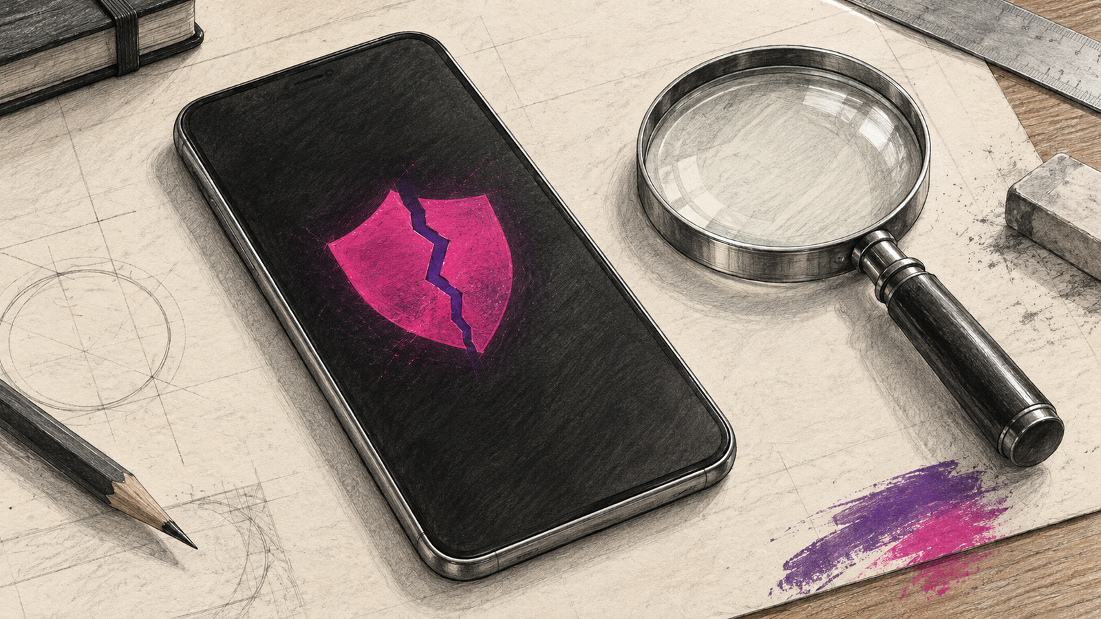 Graphitskizze eines generischen Smartphones mit symbolischem Schutzschild und einer Lupe