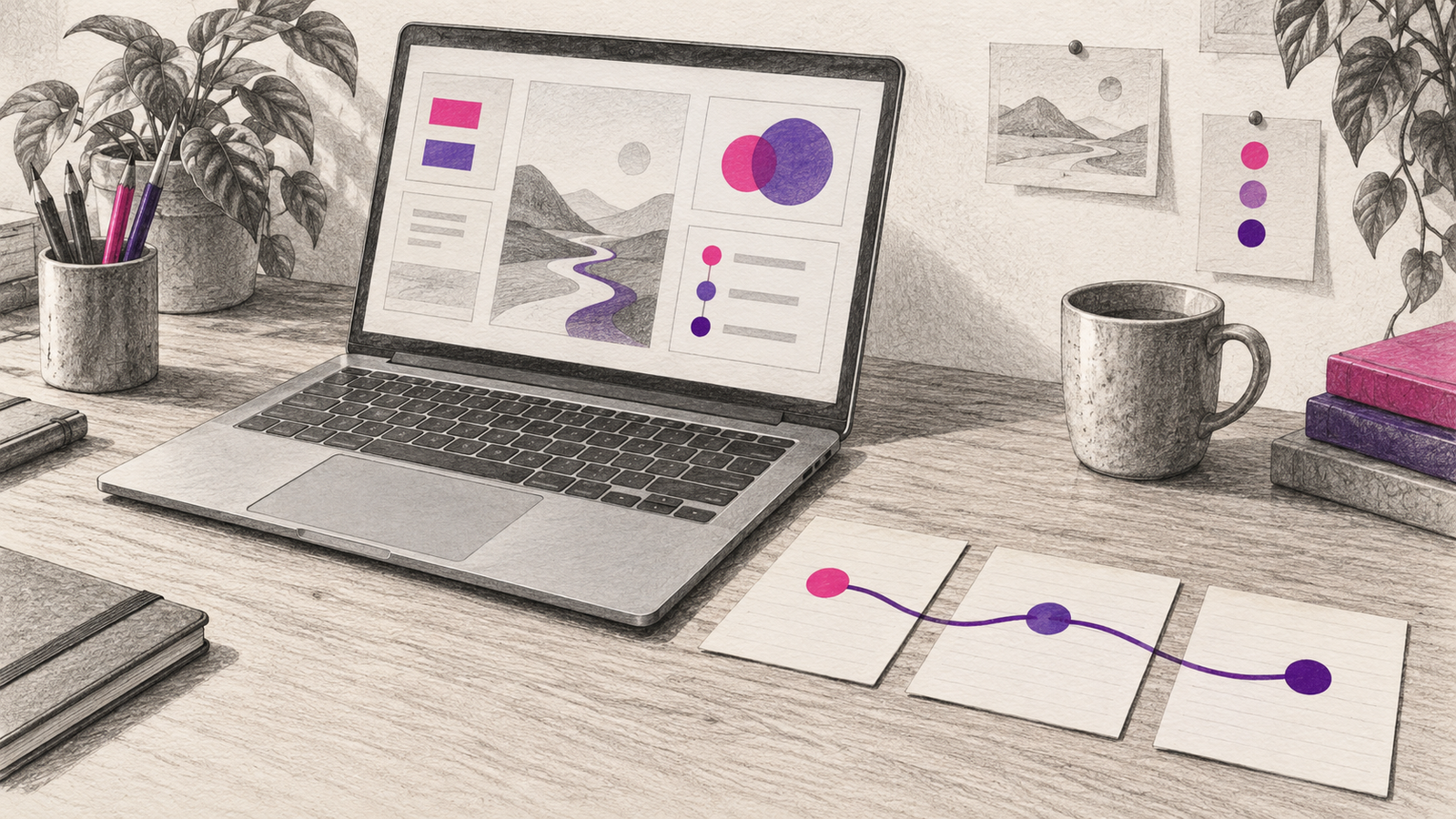Graphitskizze eines Notebooks mit abstrakten Aufgabenfeldern und drei durch eine violette Linie verbundenen Notizkarten