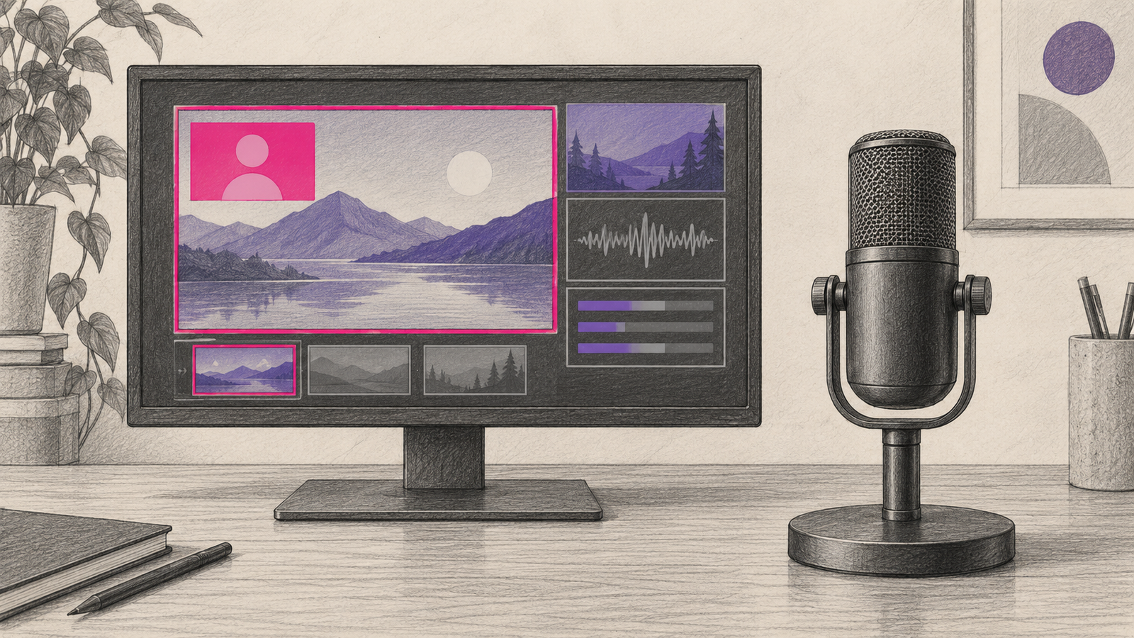 Graphitskizze eines Streaming-Monitors mit symbolischen Szenen und einem Studiomikrofon