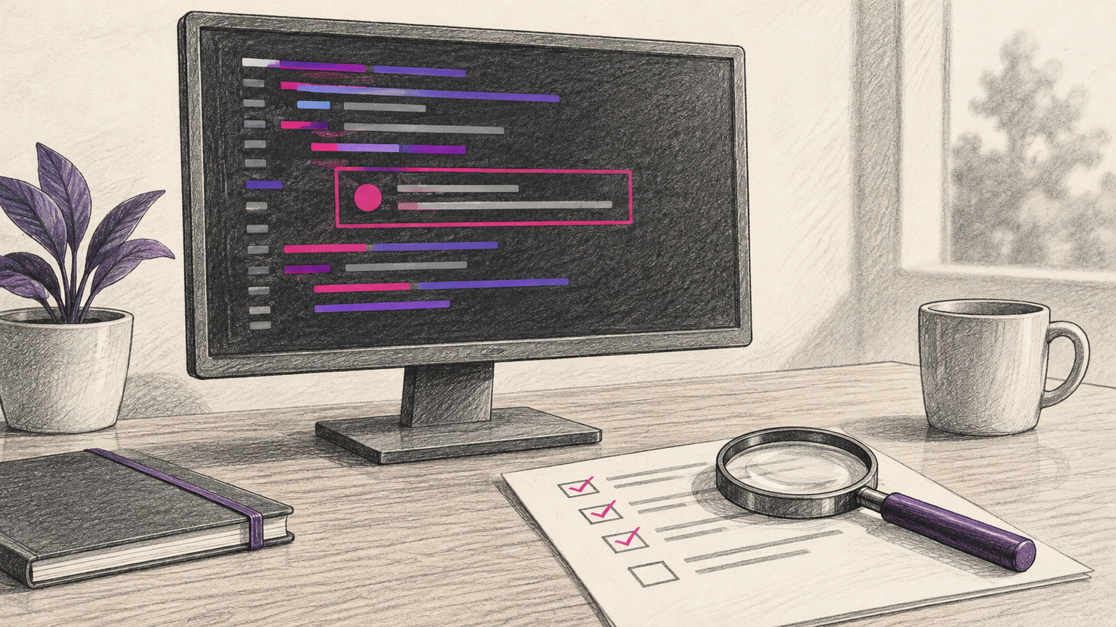 KI-Illustration: Monitor mit abstrakten Codezeilen und Lupe auf einer Prüfliste