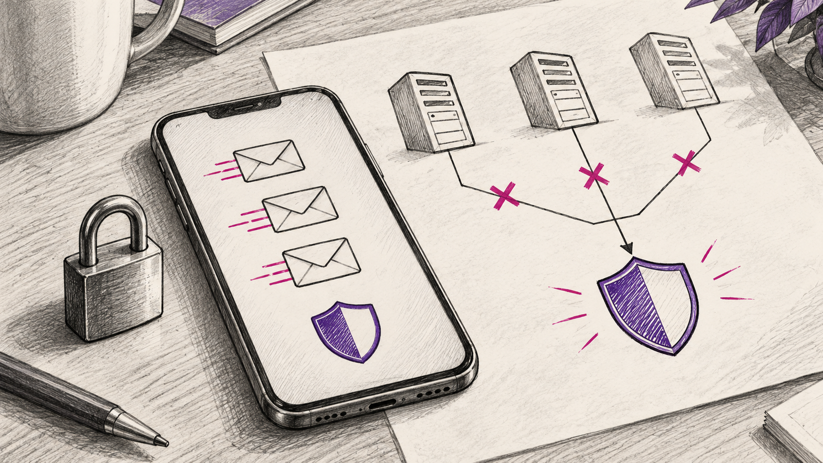 Graphitskizze eines Smartphones mit Briefsymbolen neben einem Vorhängeschloss und einer gezeichneten unterbrochenen Serververbindung