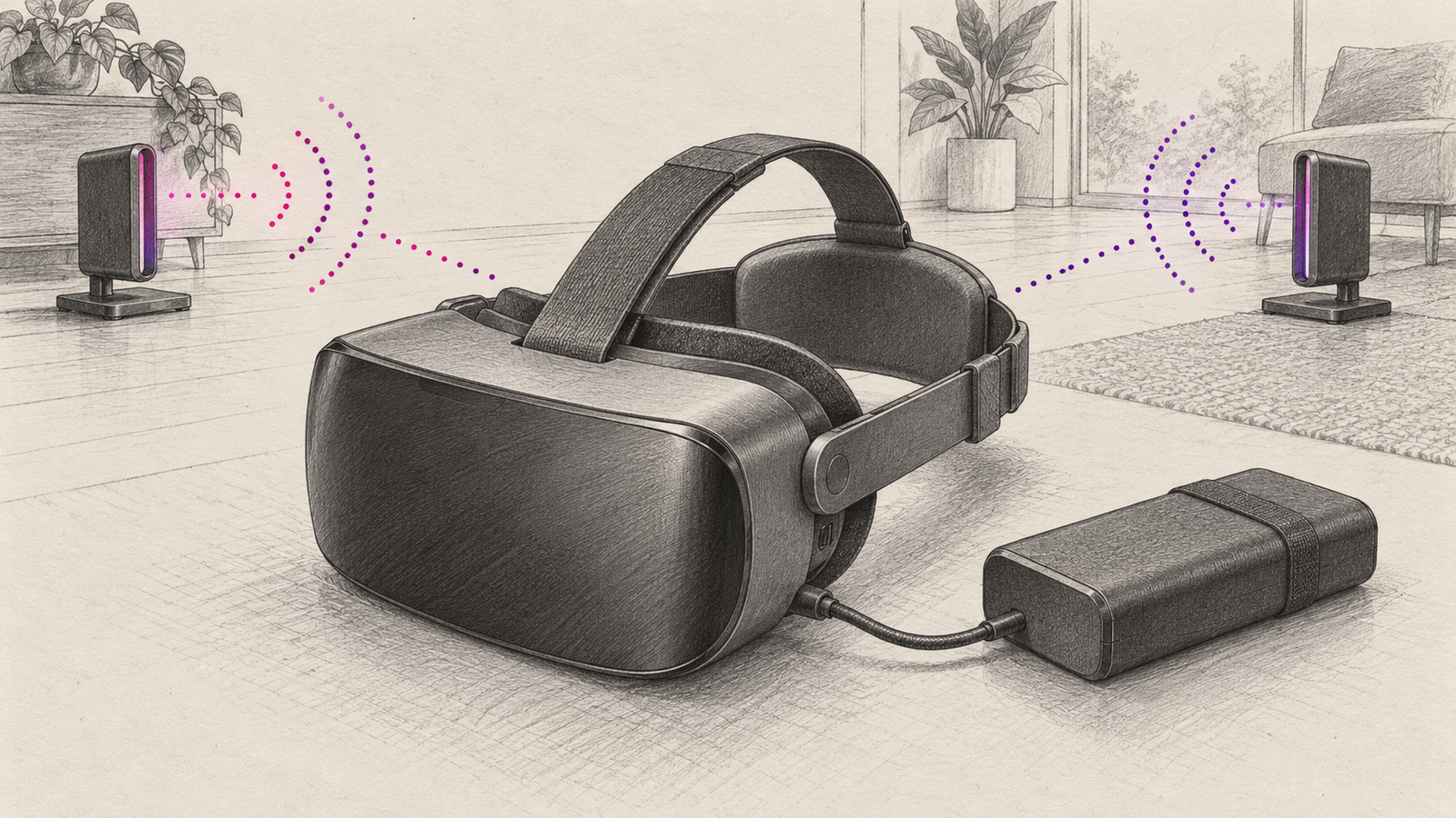 KI-Illustration: generisches VR-Headset mit externem Akku und zwei symbolischen Funkstationen