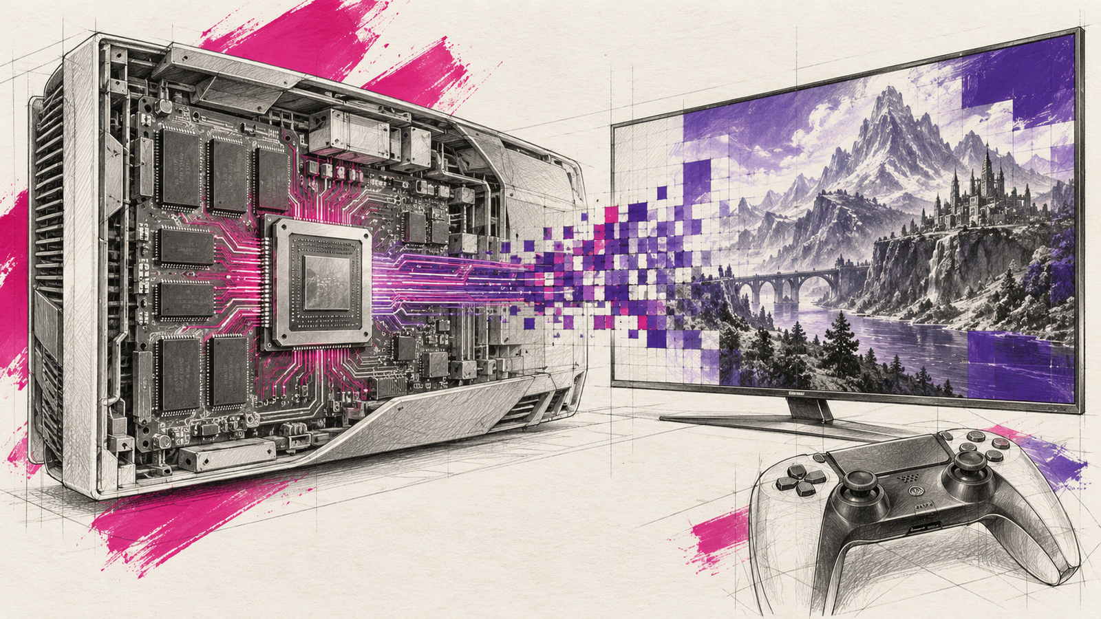 Technische Illustration: Spielekonsole mit Prozessor und symbolischer Bildrekonstruktion