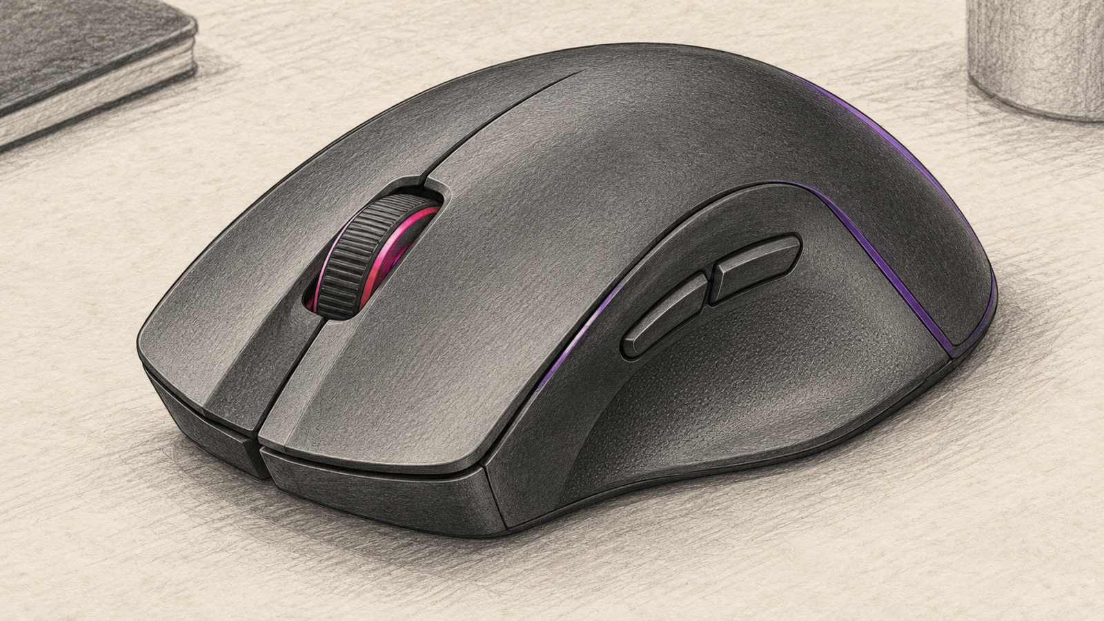 Graphitskizze einer ergonomischen Gaming-Maus mit gerastertem Scrollrad