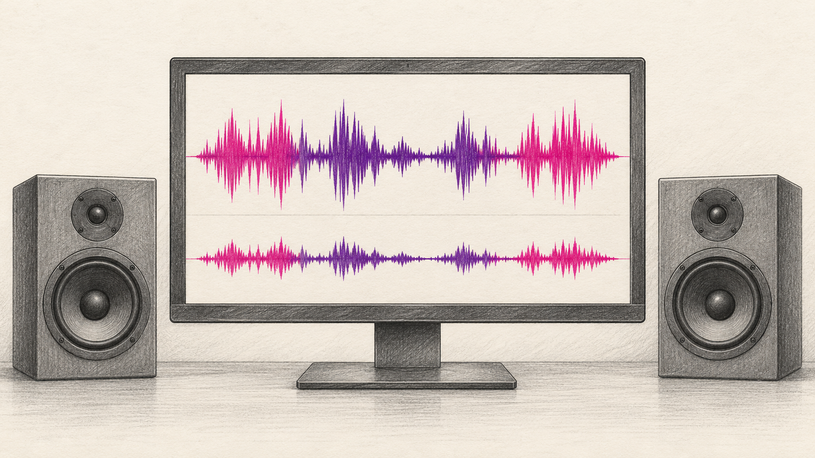 KI-Illustration: Studiomonitor mit zwei symbolischen Audiospuren zwischen zwei Lautsprechern