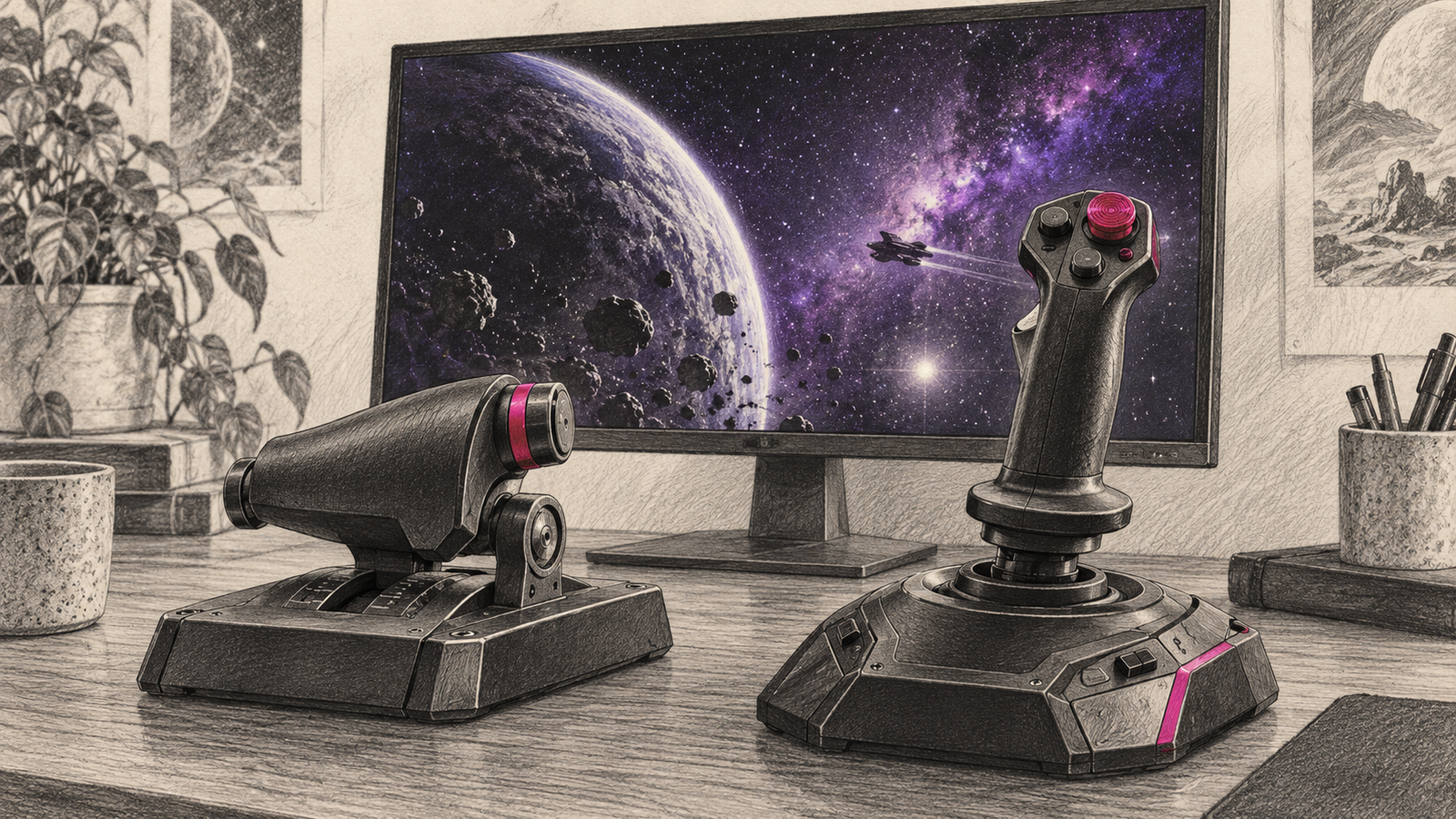 Graphitillustration eines Flug-Joysticks mit Schubregler vor einem symbolischen Weltraumbild
