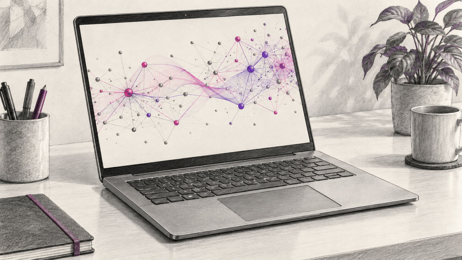 KI-Illustration: generisches Notebook mit einer abstrakten KI-Netzwerkdarstellung auf dem Bildschirm