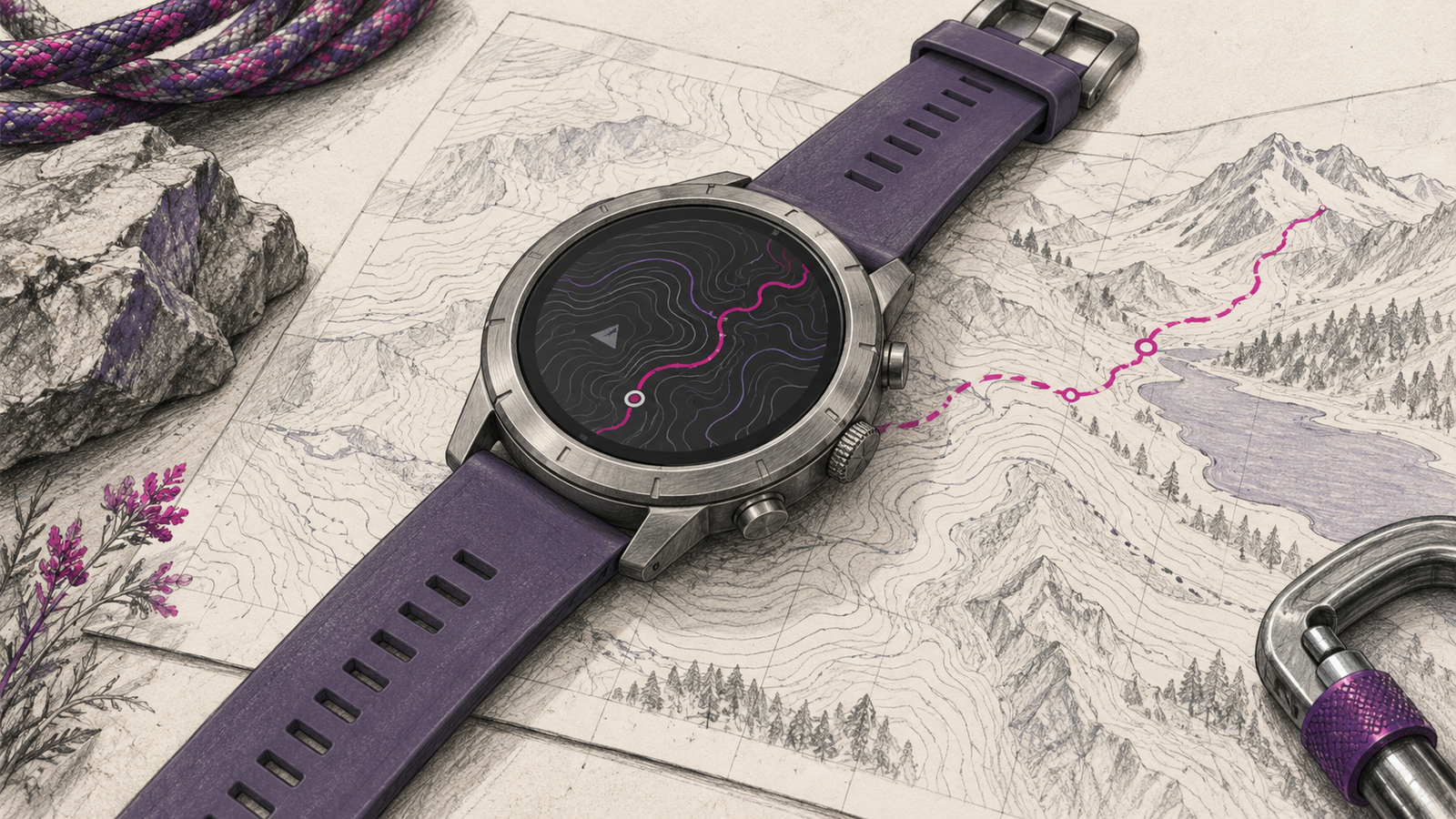 Graphitskizze einer generischen runden Sportuhr mit violettem Armband auf einer gezeichneten Wanderkarte