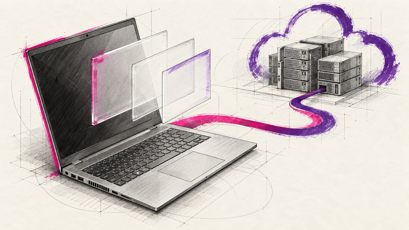 Technische Illustration: Notebook, Softwareebenen und Cloud-Server