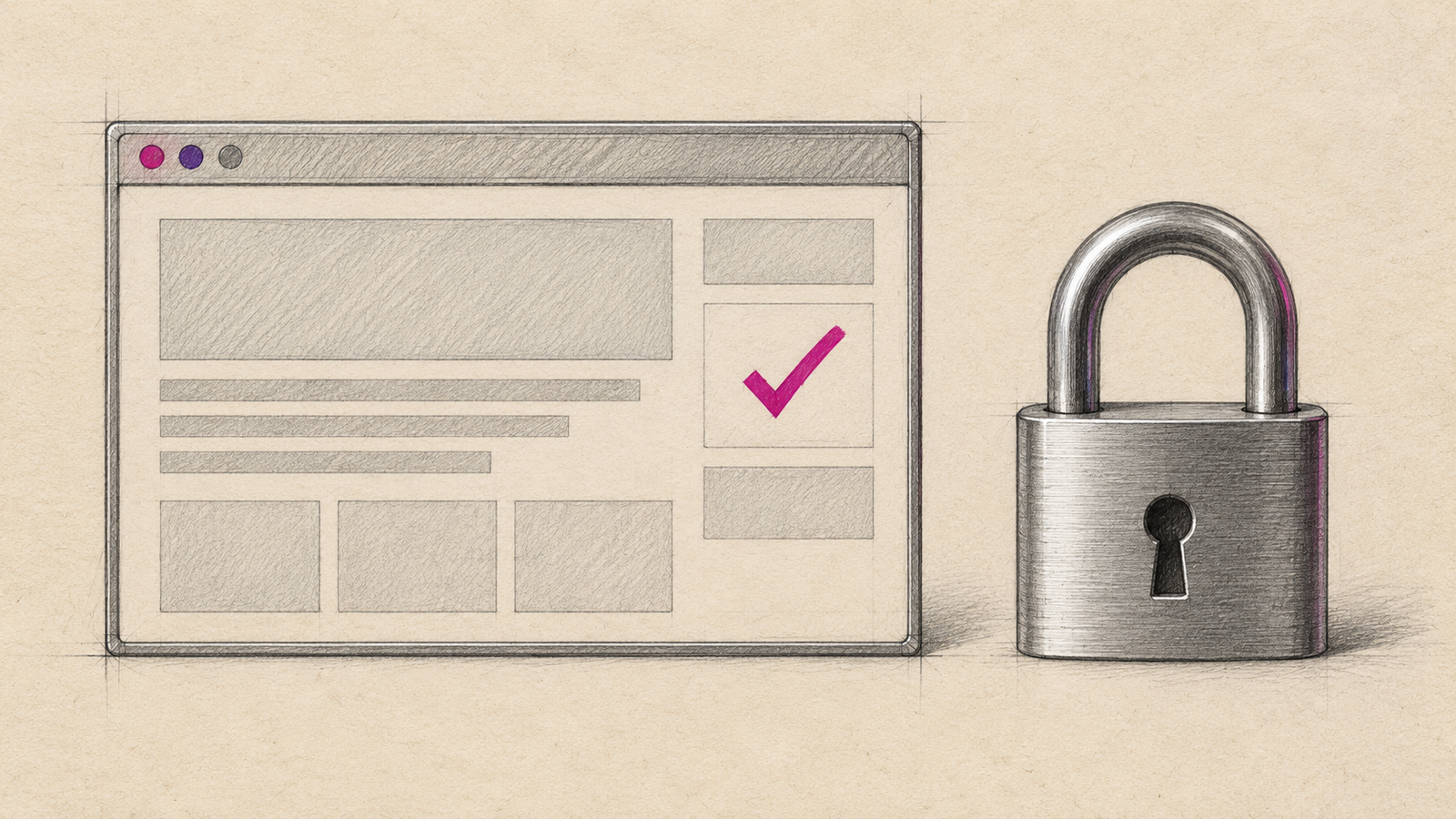 KI-Illustration: geometrisch geschlossenes Browserfenster neben einem verriegelten Vorhängeschloss